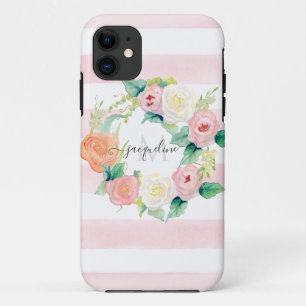 Bloemen Waterverf Krans Roze Wit Streep w Naam iPhone 11 Hoesje