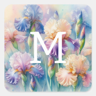 Bloemen waterverf monogram paarse irisbloemen vierkante sticker