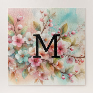 Bloemen waterverf monogram roze kersenbloesems legpuzzel