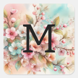 Bloemen waterverf monogram roze kersenbloesems vierkante sticker