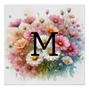 Bloemen waterverf monogram roze madeliefjes perfect poster