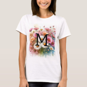 Bloemen waterverf monogram roze madeliefjes t-shirt