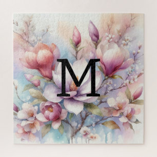 Bloemen waterverf monogram roze magnolia legpuzzel