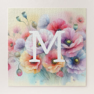 Bloemen waterverf monogram roze rode papaver bloem legpuzzel