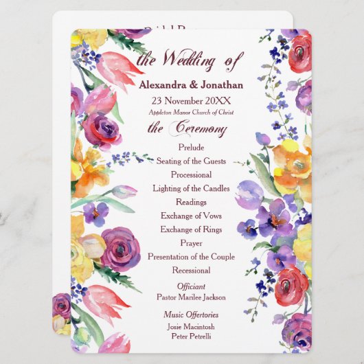 Bloemen Waterverf op White Flat Wedding Program Programma (Voorkant / Achterkant)