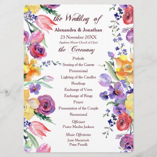 Bloemen Waterverf op White Flat Wedding Program Programma (Voorkant)