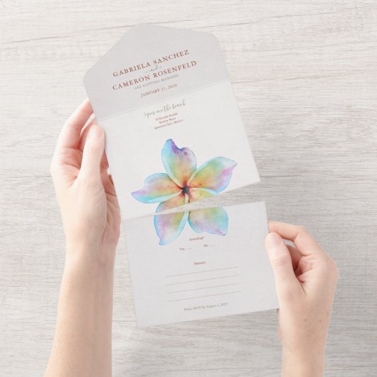 Bloemen Waterverf Plumeria Terracotta Bruiloft All In One Uitnodiging (Afscheurbaar)