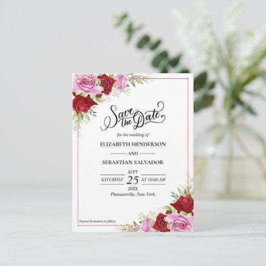 Bloemen Waterverf Roos Bruiloft Save The Date Briefkaart (Staand voorkant)