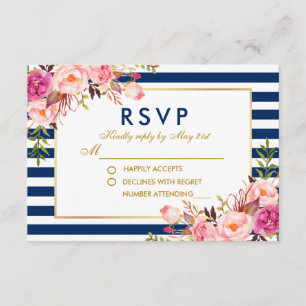Bloemen Waterverf Roze Blauwe Strepen Bruiloft RSV RSVP Kaartje