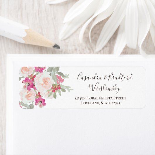 Bloemen Waterverf Roze Meisje Trouwpaar Etiket (Insitu)