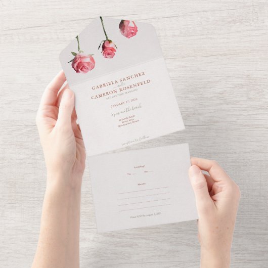 Bloemen Waterverf Rozen Terracotta Bruiloft All In One Uitnodiging (Afscheurbaar)