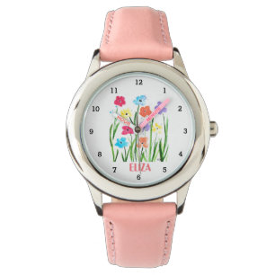 Bloemen Waterverf Schattigee Meisjes Roze Kinder H Horloge