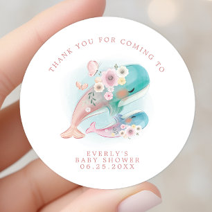 Bloemen Waterverf Walvissen Baby shower Bedankt Ronde Sticker