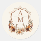 Bloemen Western Crest Monogram Bruiloft Ronde Sticker (Voorkant)