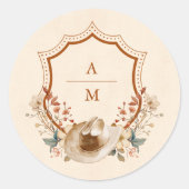 Bloemen Western Crest Monogram Bruiloft Ronde Sticker (Voorkant)