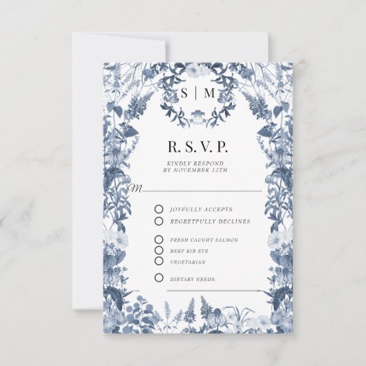 Bloemen Wildflower Blauw en Wit QR code Bruiloft RSVP Kaartje (Voorkant)