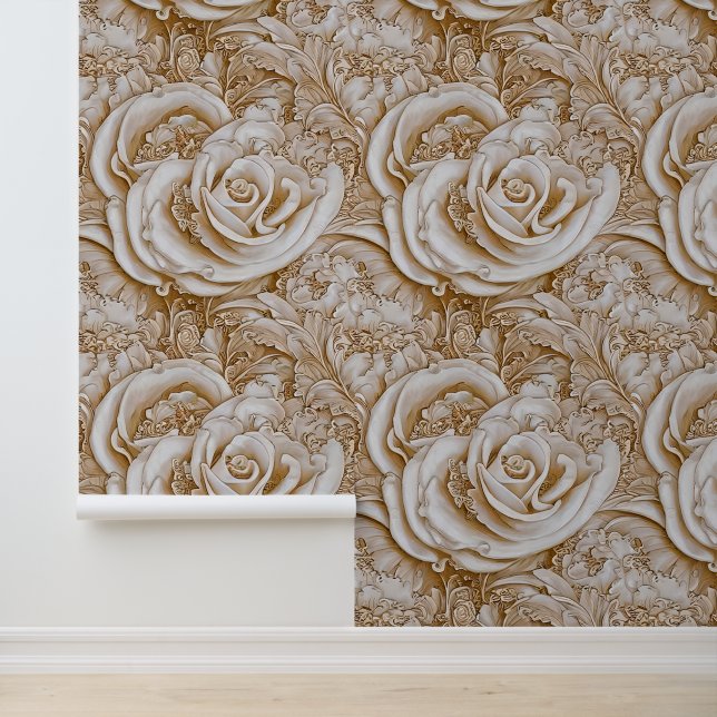 Bloemen wit beige crème pioen roos 3D patroon Behang (Applicatie)