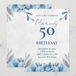 Bloemen wit en blauw 50ste verjaardag uitnodiging