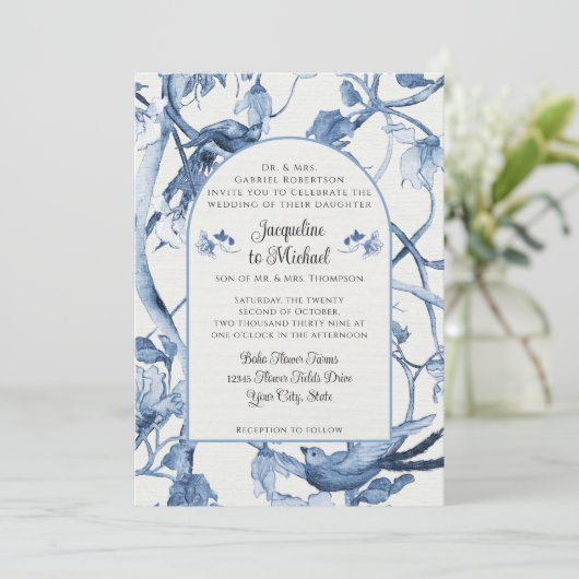 Bloemen Wit en Blauw Chinoiserie Bruiloft Kaart (Staand voorkant)