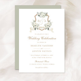 Bloemen wit groen monogram crest bruiloft kaart