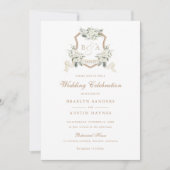 Bloemen wit groen monogram crest bruiloft kaart (Voorkant)