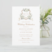 Bloemen wit groen monogram crest bruiloft kaart (Staand voorkant)