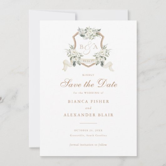 Bloemen Wit Groen Sage Crest Save the Date Kaart (Voorkant)