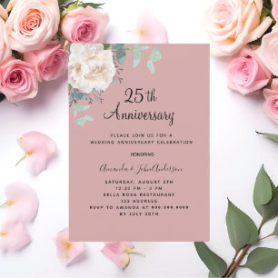 Bloemen wit stoffig roos 25e huwelijksverjaardag kaart