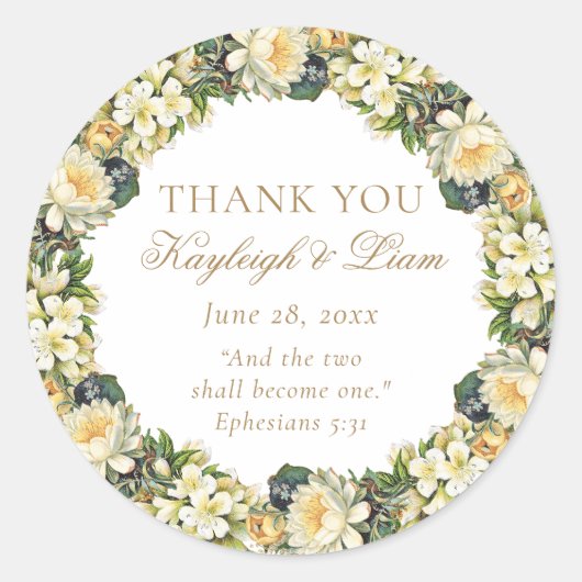 Bloemen Witte Bijbel Verse Christelijke bruiloft g Ronde Sticker (Voorkant)