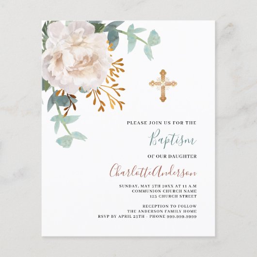 Bloemen witte cross budget doop uitnodiging (Voorkant)