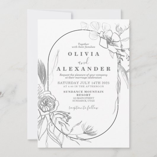 Bloemen Witte en Grijze bloem bruiloft Uitnodiging (Voorkant)