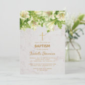 Bloemen Witte Lelies Marmer Goud Kruis Doop Kaart (Staand voorkant)