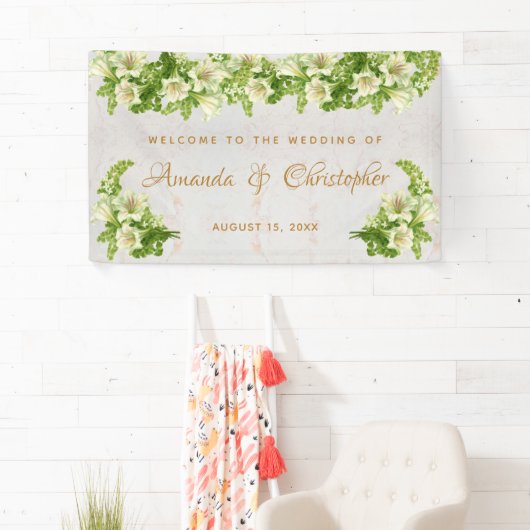 Bloemen Witte Lelies Marmeren Script Huwelijk Welk Spandoek (Insitu)