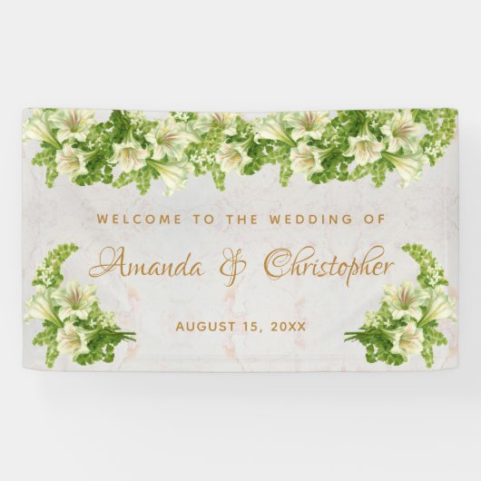 Bloemen Witte Lelies Marmeren Script Huwelijk Welk Spandoek (Horizontaal)
