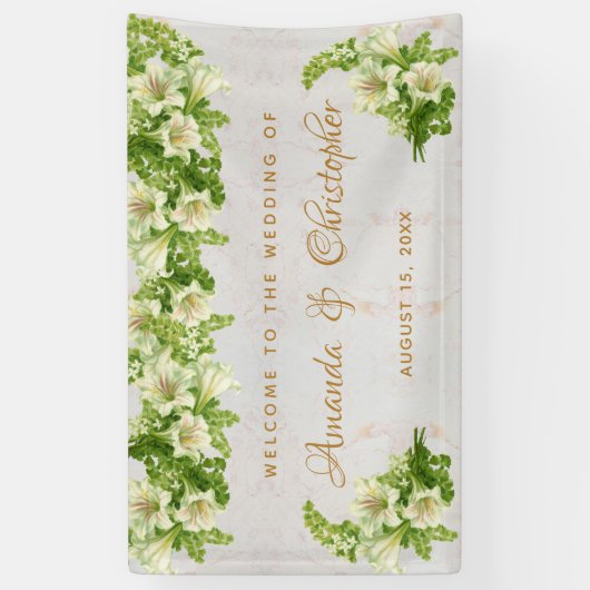 Bloemen Witte Lelies Marmeren Script Huwelijk Welk Spandoek (Verticaal)