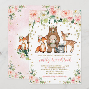 Bloemen Woodland Dieren Baby Meisje Douche Kaart