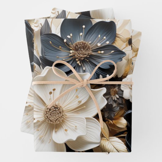 Bloemen Wrapping Papier Goud Blauw Wit Inpakpapier Vel (In situ)