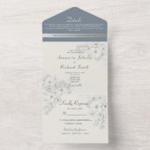 Bloemen Zilver en Dusty Blue Wedding All In One Uitnodiging (Binnen)