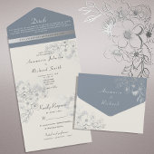 Bloemen Zilver en Dusty Blue Wedding All In One Uitnodiging