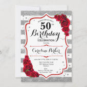 Bloemen Zilver Wit Rood Rozen Foto 50e Verjaardag Kaart (Voorkant)