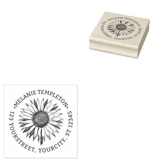 Bloemen Zonnebloem #2A Naam Adres Rond Rubberstempel (Gestempeld)