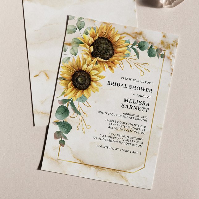Bloemen Zonnebloem Bruids Douche Uitnodiging (Sunflower Eucalyptus Bridal Shower with Marble Background Invitation)