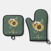 Bloemen Zonnebloem Eucalyptus Monogram Script Ovenwant & Pannenlap Set (Voorkant)