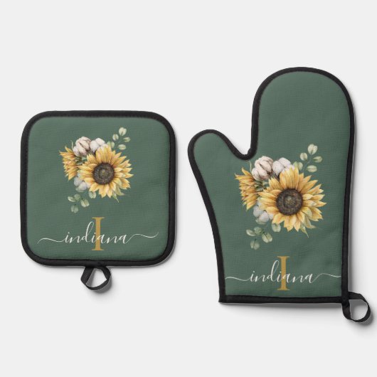 Bloemen Zonnebloem Eucalyptus Monogram Script Ovenwant & Pannenlap Set (Voorkant)