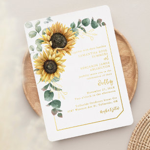 Bloemen Zonnebloem Script Greenery Wedding Gold Folie Uitnodiging