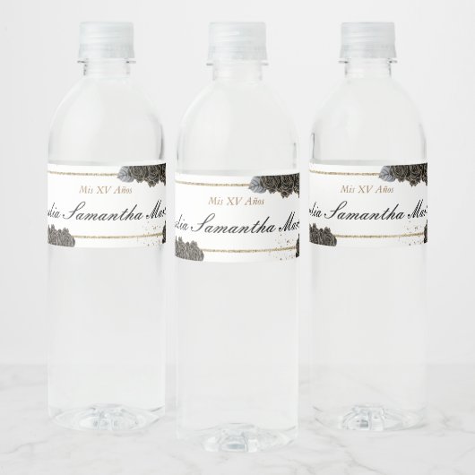 Bloemen Zwart en Goud Quinceañera Thema Waterfles Etiket (Flessen)