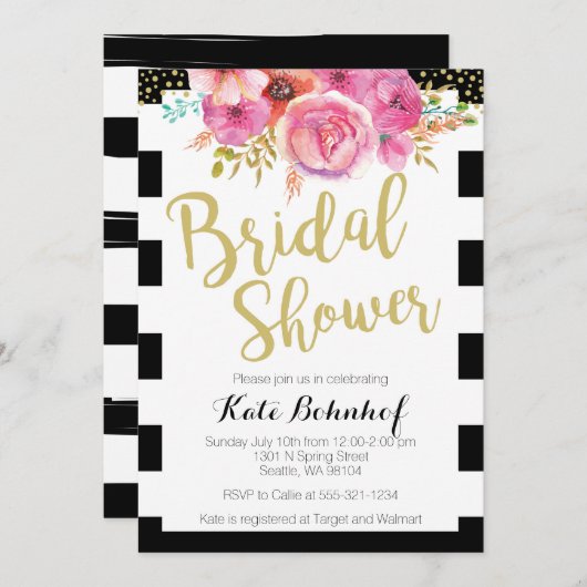 Bloemen Zwart en Wit Bruids Douche Uitnodiging (Voorkant / Achterkant)