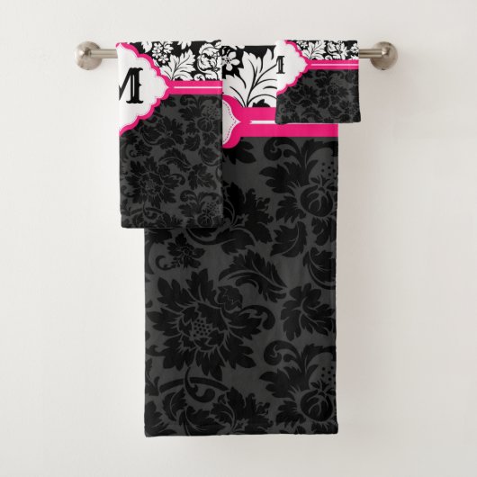 Bloemen zwart en wit damast bad handdoek (Insitu)