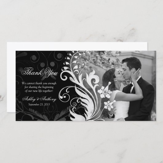Bloemen Zwart en Wit Huwelijk Dank u Photocard Bedankkaart (Voorkant / Achterkant)