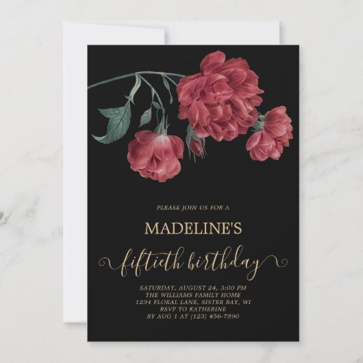 Bloemen Zwart Goud 50e Verjaardagsfeest Kaart (Voorkant)